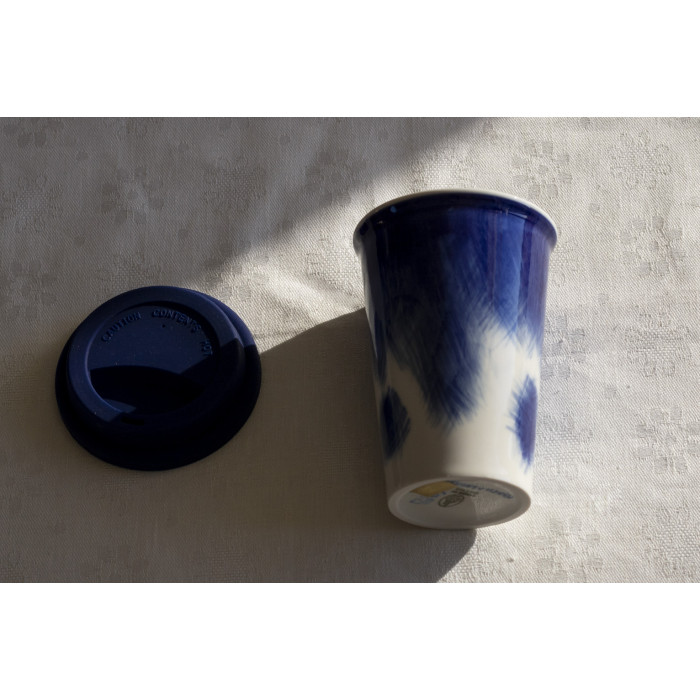 ЭКО Стакан для кофе с крышкой многоразовый, 400мл , ручная роспись ID:Синий туман