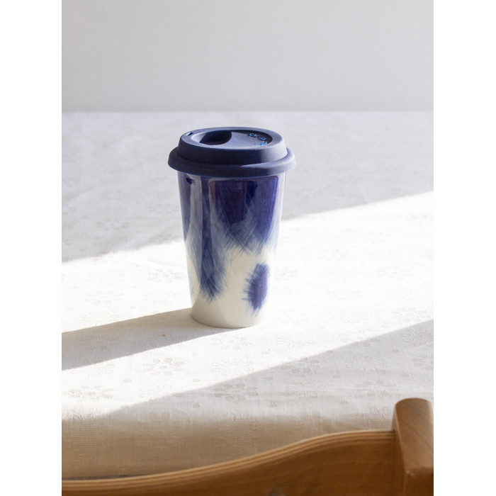 ЭКО Стакан для кофе с крышкой многоразовый, 400мл , ручная роспись ID:Синий туман