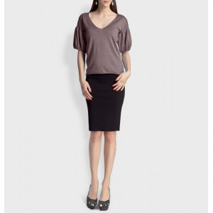 Джемпер женский TRI&CO CASHMERE, 55% шелк 45% кашемир, глубокий V-образный вырез, рукав "фонарь", 16g тонкий, ID: L091-03/stone
