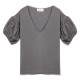 Джемпер женский TRI&CO CASHMERE, 55% шелк 45% кашемир, глубокий V-образный вырез, рукав "фонарь", 16g тонкий, ID: L091-03/stone