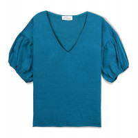 Джемпер женский TRI&CO CASHMERE, 55% шелк 45% кашемир, глубокий V-образный вырез, рукав "фонарь", 16g тонкий, ID: L091-03/aqua