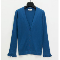 Кардиган женский TRI&CO CASHMERE, 55% шелк 45% кашемир, V-образный вырез, без резинки, волан на манжете, 16g тонкий, ID: L091-36/aqua