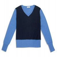 Джемпер женский TRI&CO CASHMERE V-образный вырез, 100% кашемир, на резинке, узор контраст, ID: L102-17-3LV/becolor/victoriablue/blackiris