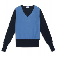 Джемпер женский TRI&CO CASHMERE, V-образный вырез, 100% кашемир, на резинке, узор контраст, ID: L102-17-3LV/becolor/blackiris/vistoriablue