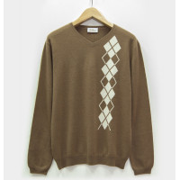 Джемпер мужской TRI&CO CASHMERE, 100% кашемир, V-образный вырез, узор ромбы, ID: M102-43A/romb/brownsugar/snowwhite