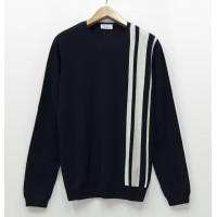 Джемпер мужской TRI&CO CASHMERE, 100% кашемир, V-образный вырез, узор полосы, ID: M102-43A/stripe/blackiris/snowwhite
