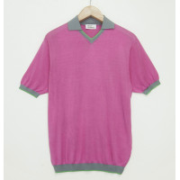 Футболка поло цвет фуксия TRI&CO CASHMERE, V-образный вырез, короткий рукав, 100% шёлк, сделано в Италии, ID: M151-1227/10904/fuchsia/lilac